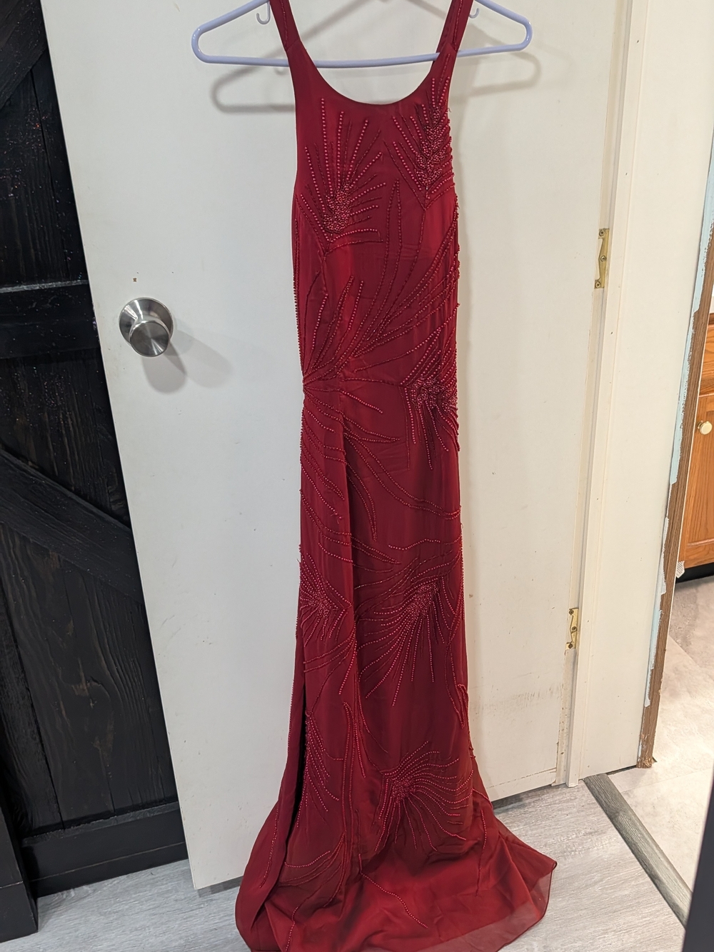 Elegant Beaded Maxi Dress in Deep Red